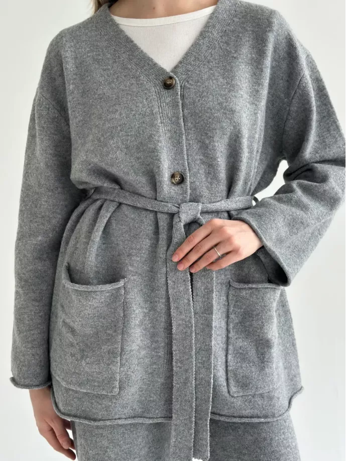 Комплект в’язаний кардиган з поясом та штани сірий, onesize