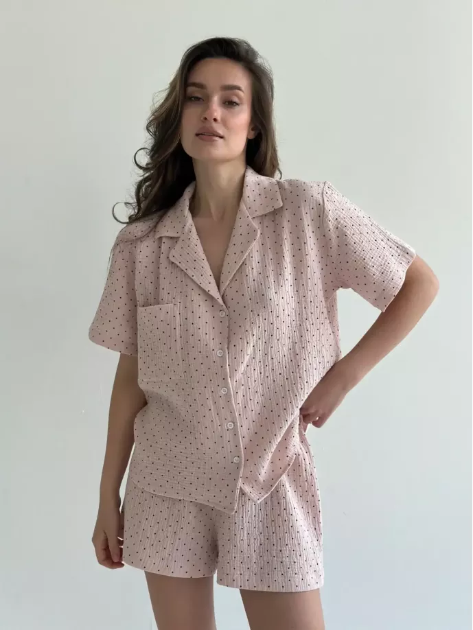 Костюм шорти та сорочка з коротким рукавом муслін горох пудра