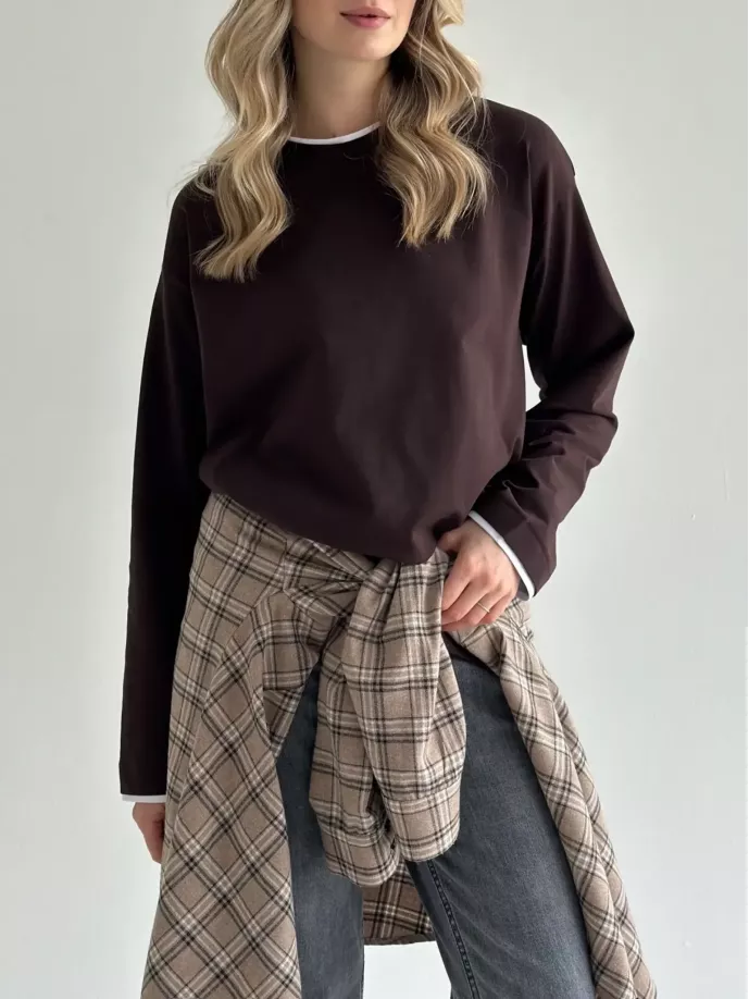 Лонгслів з білим кантом коричневий, onesize