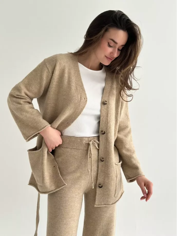 Комплект в’язаний кардиган з поясом та штани бежевий, onesize