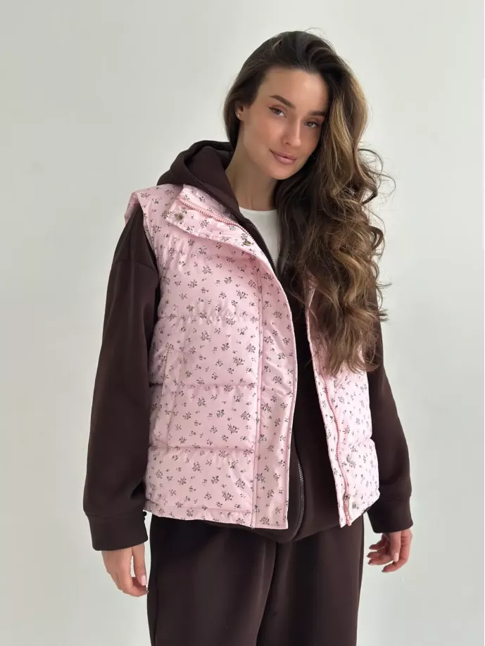 Жилетка стьобана дута рожева у квітку onesize