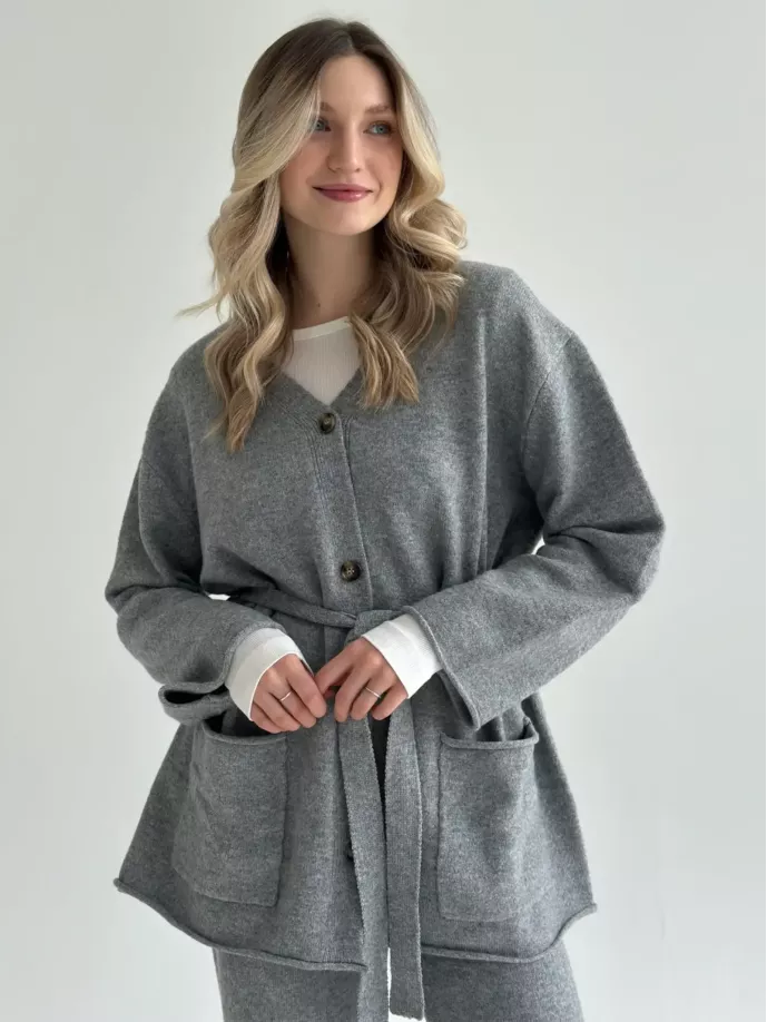 Комплект в’язаний кардиган з поясом та штани сірий, onesize