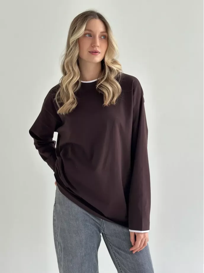 Лонгслів з білим кантом коричневий, onesize