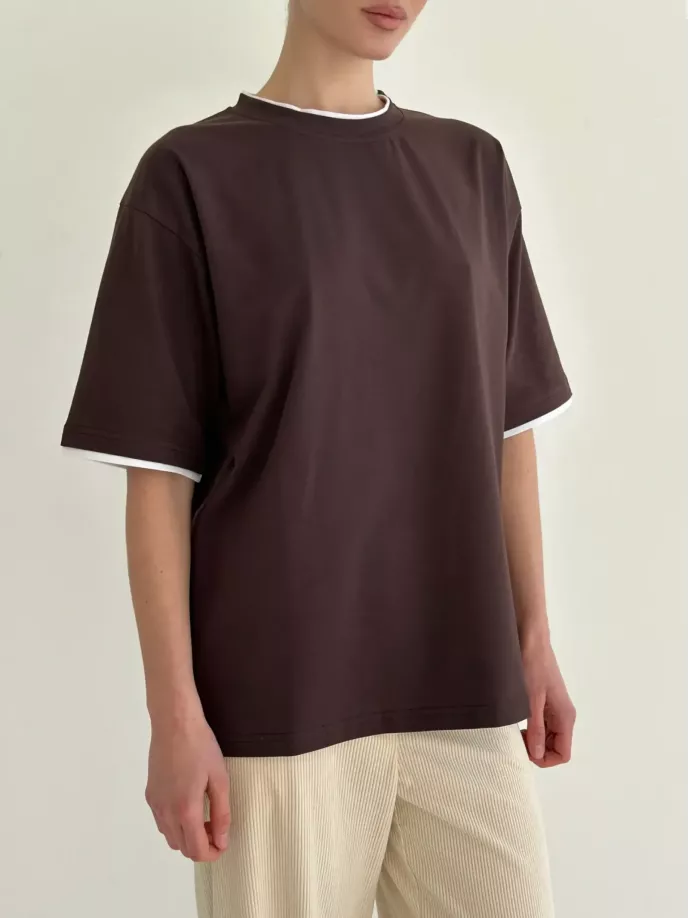 Футболка з білим кантом коричнева, onesize