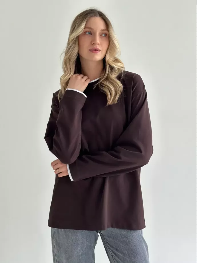 Лонгслів з білим кантом коричневий, onesize