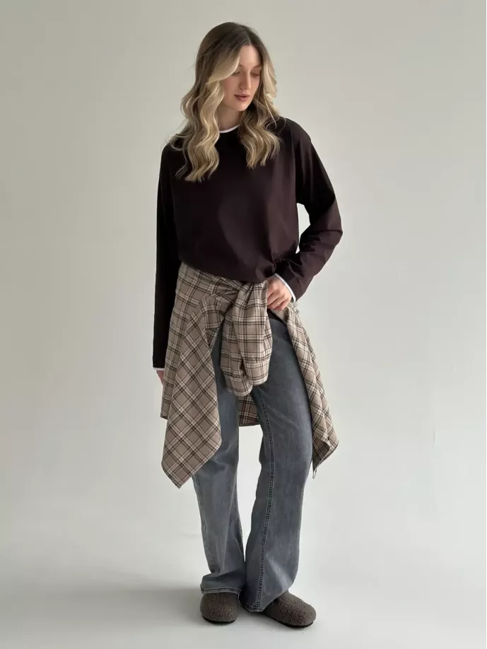 Лонгслів з білим кантом коричневий, onesize
