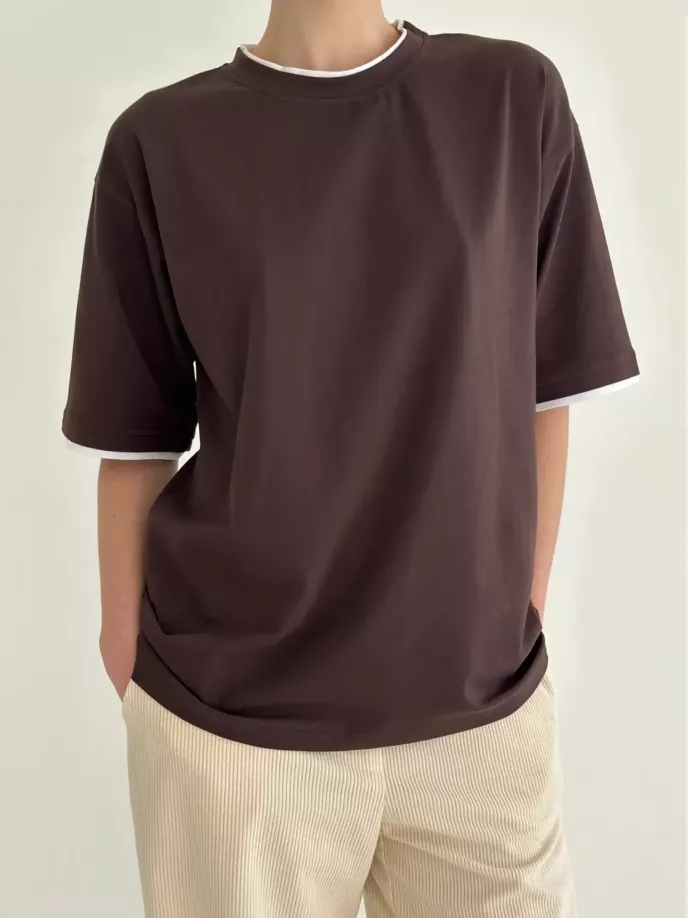 Футболка з білим кантом коричнева, onesize