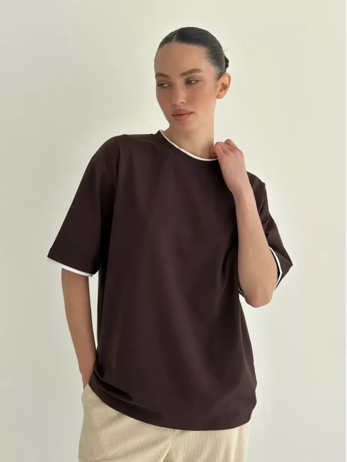 Футболка з білим кантом коричнева, onesize