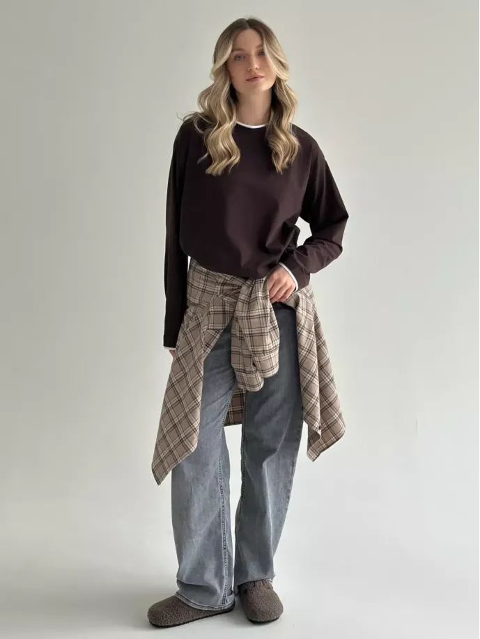 Лонгслів з білим кантом коричневий, onesize