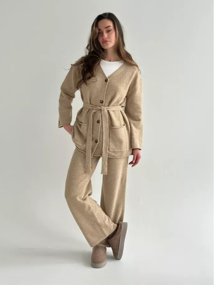 Комплект в’язаний кардиган з поясом та штани бежевий, onesize
