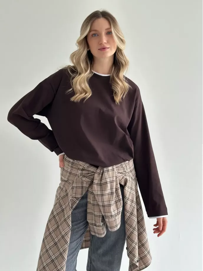 Лонгслів з білим кантом коричневий, onesize