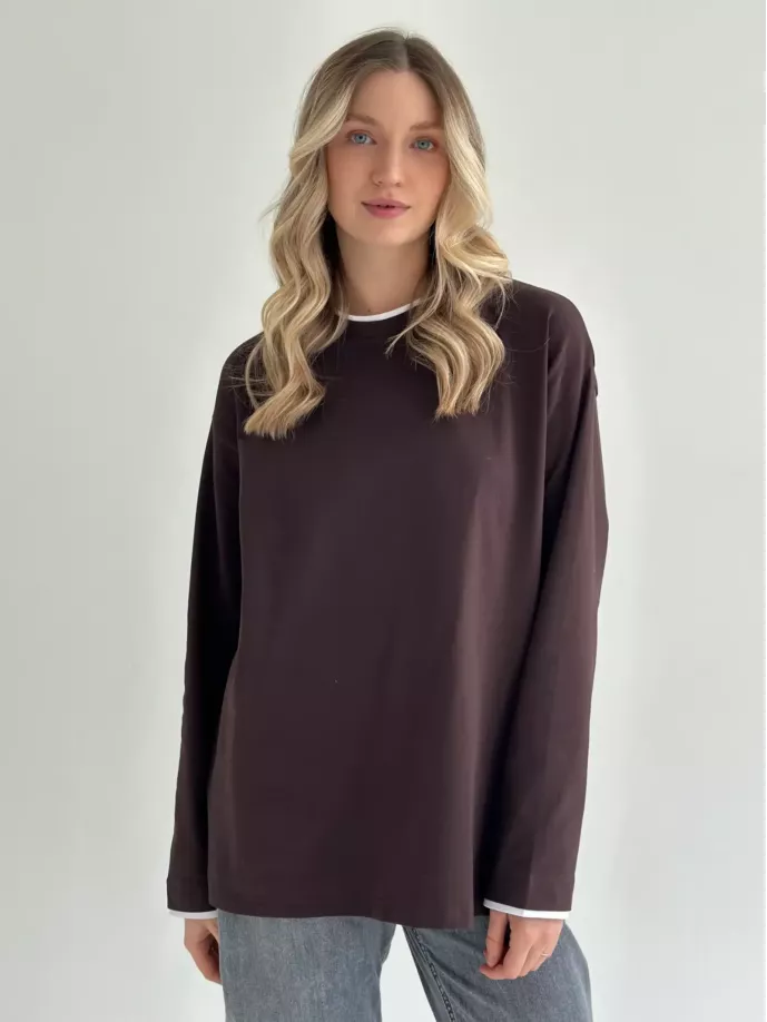 Лонгслів з білим кантом коричневий, onesize