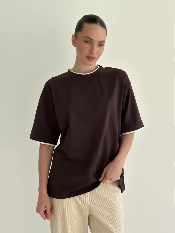 Футболка з білим кантом коричнева, onesize