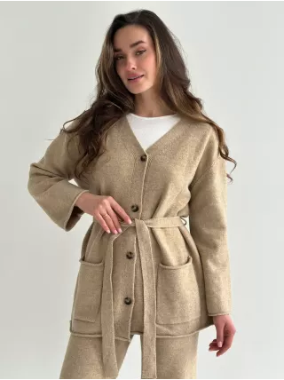 Комплект в’язаний кардиган з поясом та штани бежевий, onesize