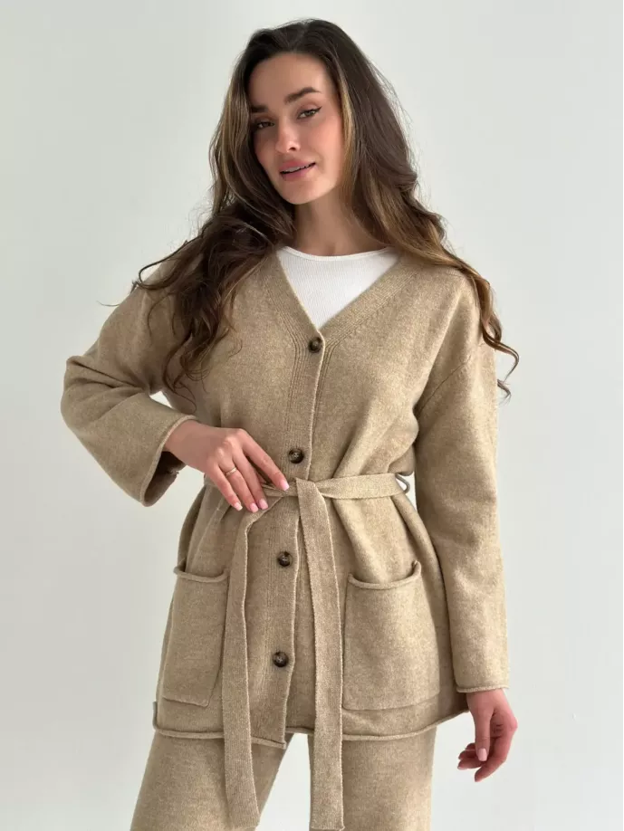 Комплект в’язаний кардиган з поясом та штани бежевий, onesize