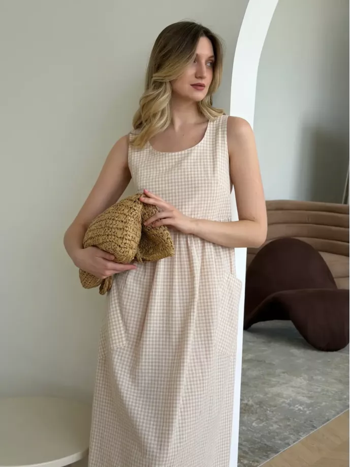 Сарафан котон клітка з накладними карманами беж/молоко