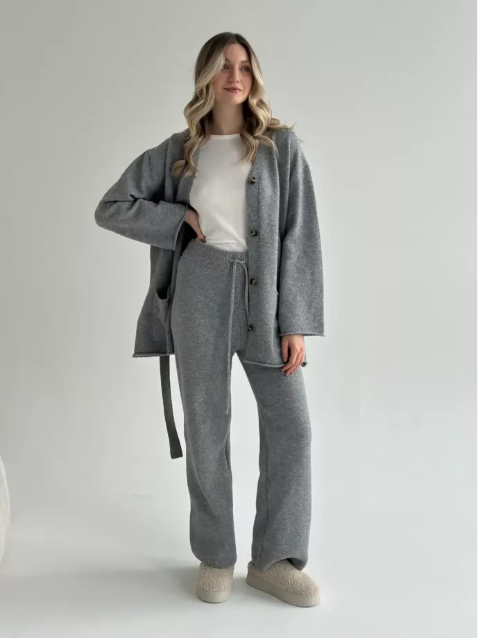 Комплект в’язаний кардиган з поясом та штани сірий, onesize