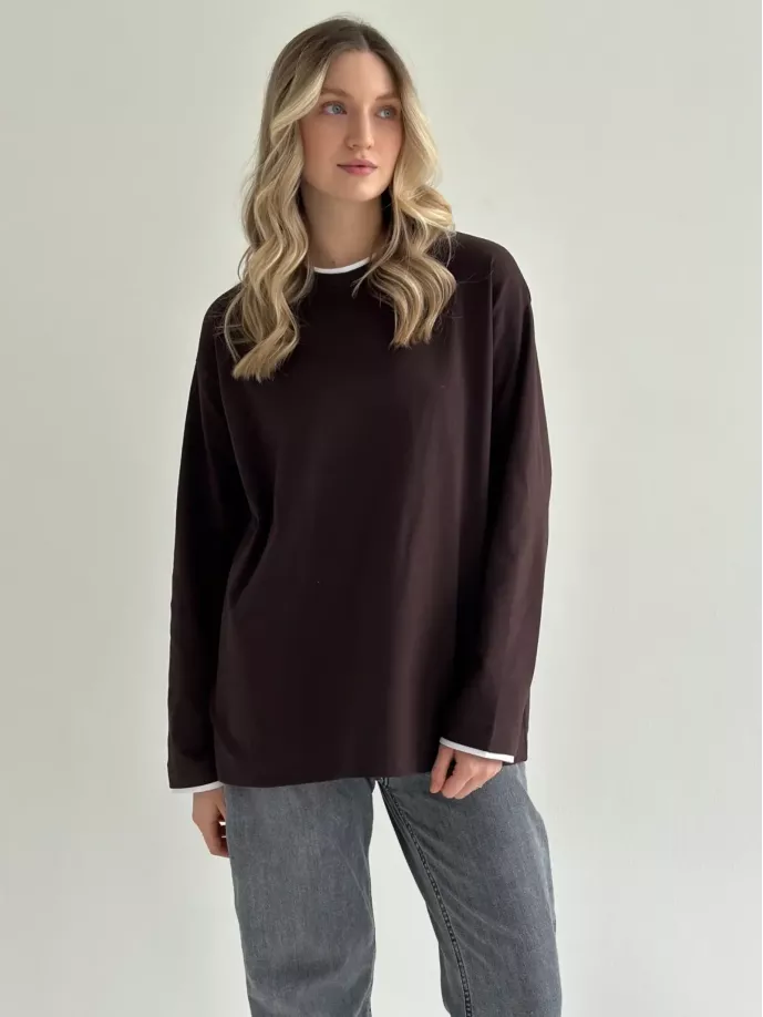 Лонгслів з білим кантом коричневий, onesize