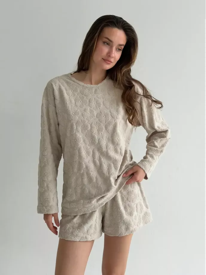 Костюм лонгслів та шорти махра жакард квітка бежевий