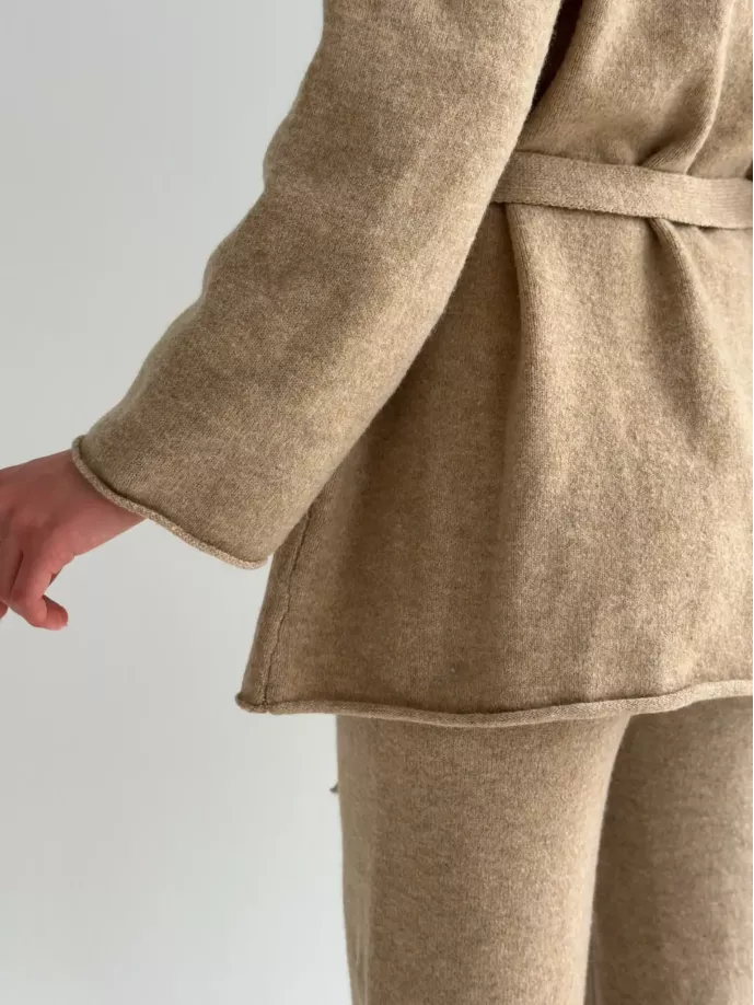 Комплект в’язаний кардиган з поясом та штани бежевий, onesize