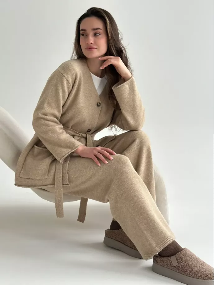 Комплект в’язаний кардиган з поясом та штани бежевий, onesize