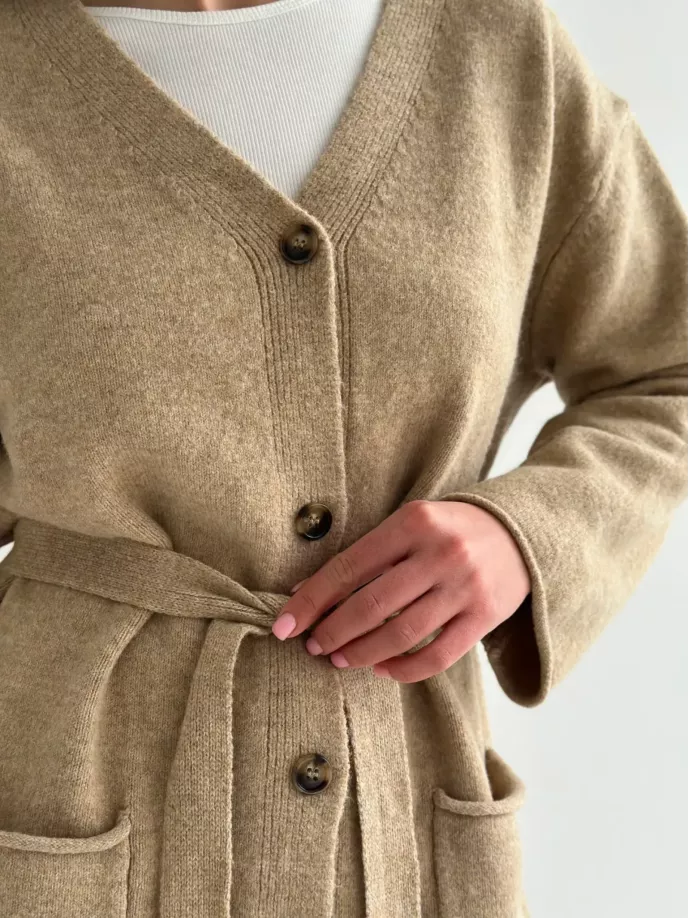 Комплект в’язаний кардиган з поясом та штани бежевий, onesize