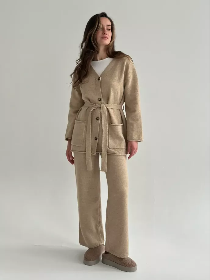 Комплект в’язаний кардиган з поясом та штани бежевий, onesize