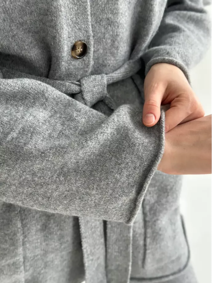 Комплект в’язаний кардиган з поясом та штани сірий, onesize