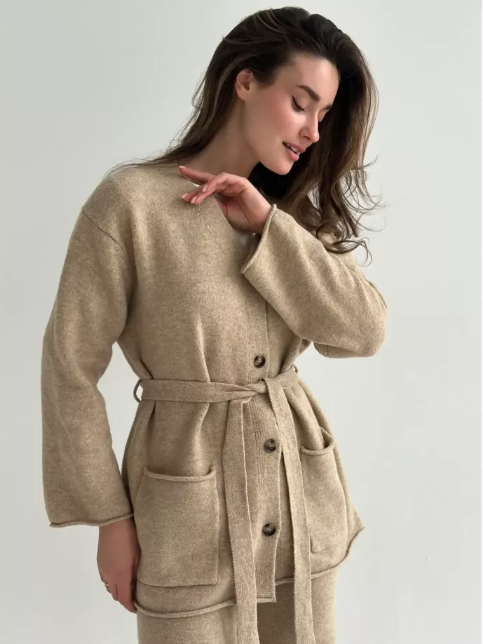 Комплект в’язаний кардиган з поясом та штани бежевий, onesize