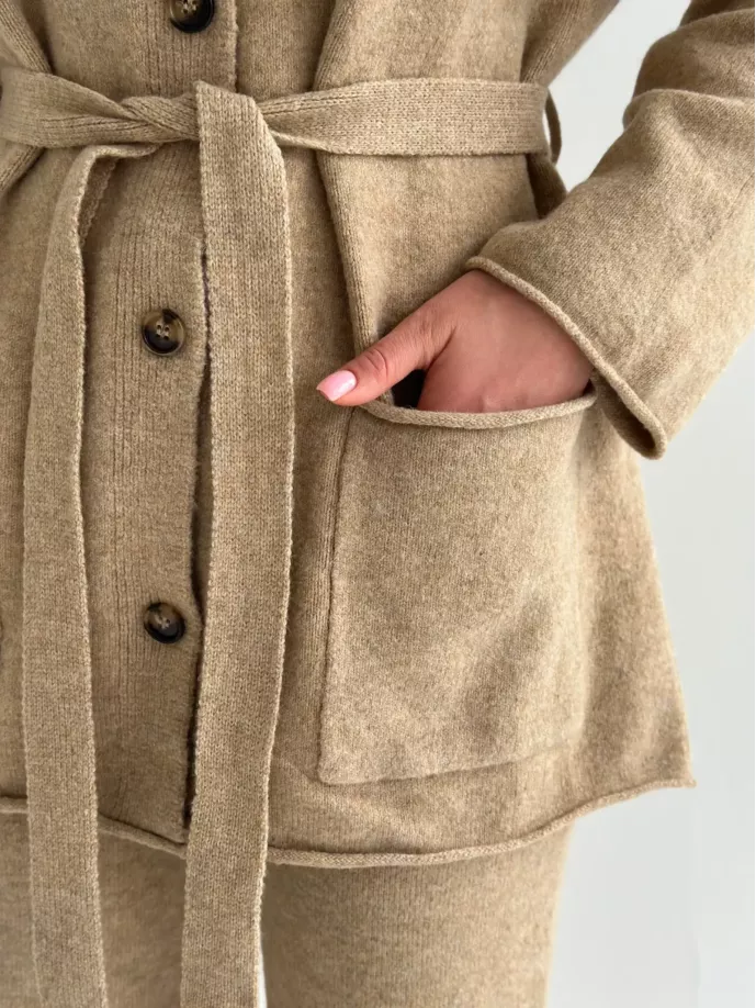 Комплект в’язаний кардиган з поясом та штани бежевий, onesize
