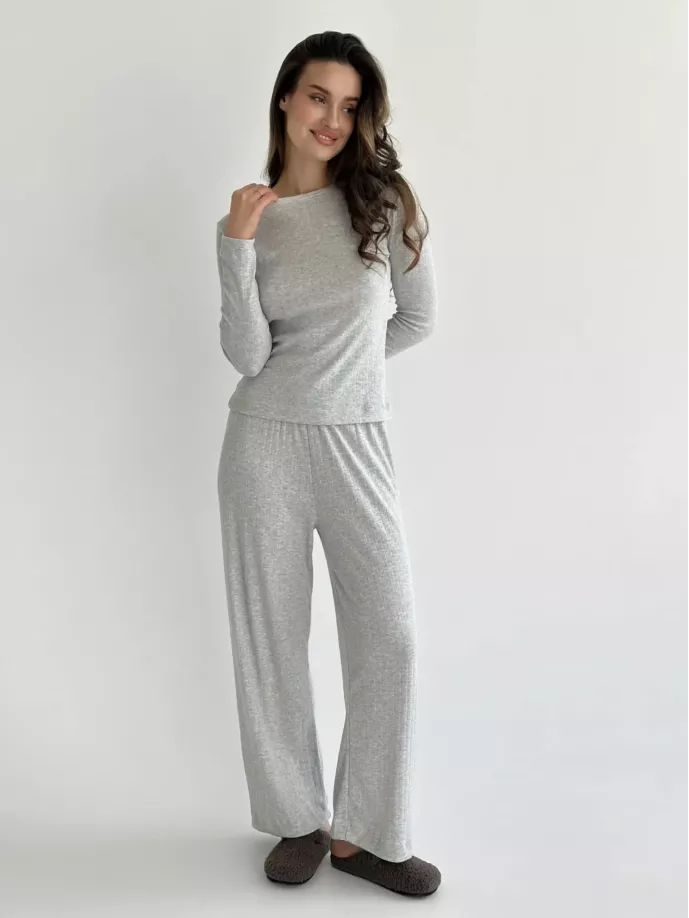 Рібана костюм трикотажний штани широкі та лонгслів світло сірий